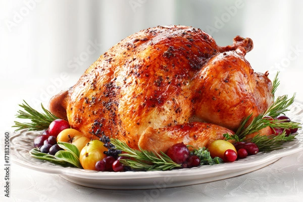 Obraz Roasted turkey on an elegant serving platter with herbs and fruits, isolated against a white background.