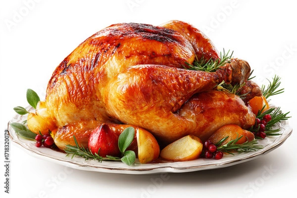 Obraz Roasted turkey on an elegant serving platter with herbs and fruits, isolated against a white background.