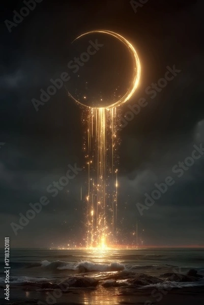 Fototapeta Fantasy Surreal Glowing Moon Golden Light Mystical Crescent Above Ocean with Sparkling Energy Falling into Dreamlike Night Seascape Background