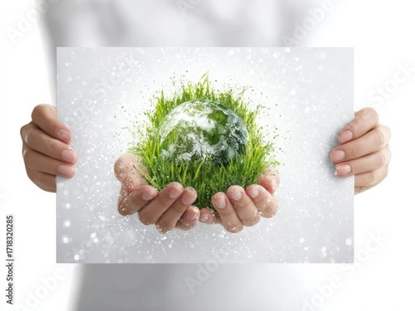 Obraz Planet earth with green grass in hand, isolated on a white background. 