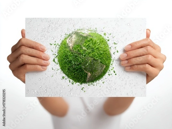Obraz Planet earth with green grass in hand, isolated on a white background. 