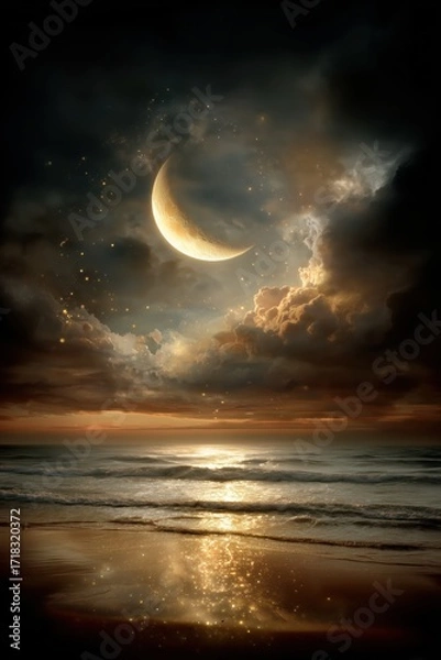 Fototapeta Fantasy Surreal Glowing Moon Golden Light Mystical Crescent Above Ocean with Sparkling Energy Falling into Dreamlike Night Seascape Background