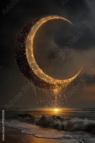 Fototapeta Fantasy Surreal Glowing Moon Golden Light Mystical Crescent Above Ocean with Sparkling Energy Falling into Dreamlike Night Seascape Background
