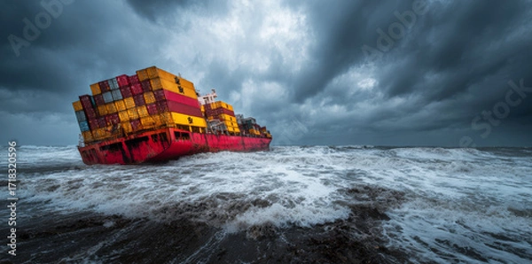 Obraz Sinking cargo ship with containers in the ocean.