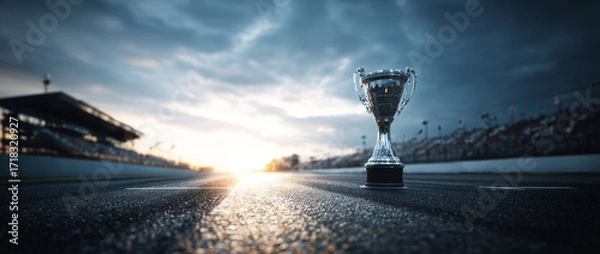 Obraz Trophy cup on the asphalt race track with a blurred background of a sunset sky. 
