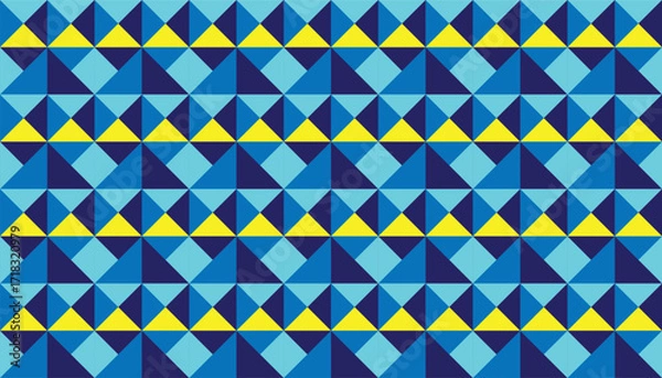 Obraz Seamless geometric pattern with blue, navy, and yellow triangles forming a modern abstract background. Ideal for textiles, wallpapers, packaging, and digital designs