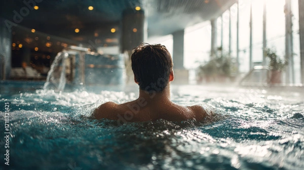 Obraz Man swimming in the pool of a luxury spa center.