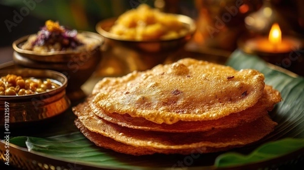 Fototapeta Navratri poori halwa and chana prashaad on banana leaf