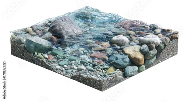 Fototapeta PNG of A serene underwater scene showcasing smooth, colorful pebbles beneath clear blue water, creating a tranquil atmosphere.
