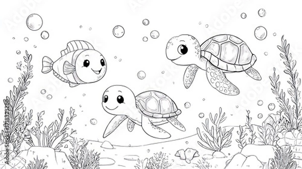 Fototapeta Line art of underwater scene with fish, turtles, sea plants, rocks and bubbles