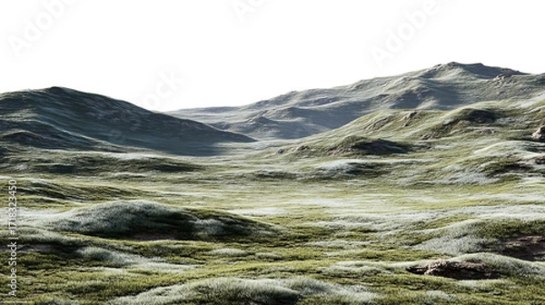 Fototapeta PNG of A serene landscape featuring rolling green hills under soft, diffused light.