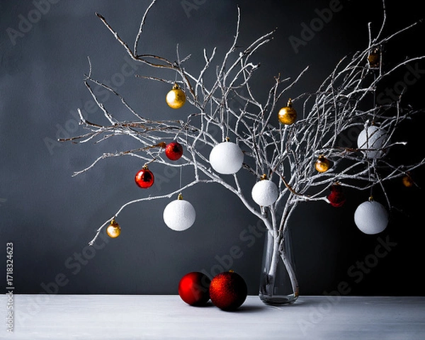 Obraz Ai made minimalistic christmas decoration with birch branches with christmas ornaments and grey background