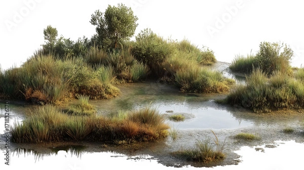 Fototapeta PNG of Serene wetland landscape with lush greenery and reflections in calm water, creating a tranquil natural habitat.