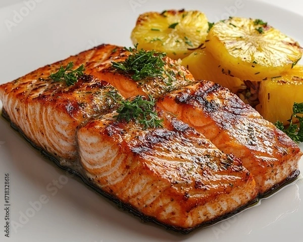 Obraz Grilled salmon with roasted pineapple and potatoes