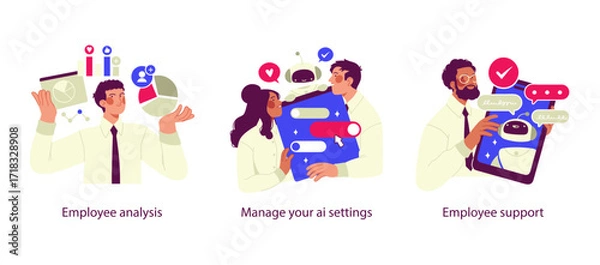 Fototapeta Vector illustrations representing AI in workplace: analyzing employee performance with data charts, managing AI settings with chatbots, and providing employee support through AI assistance.