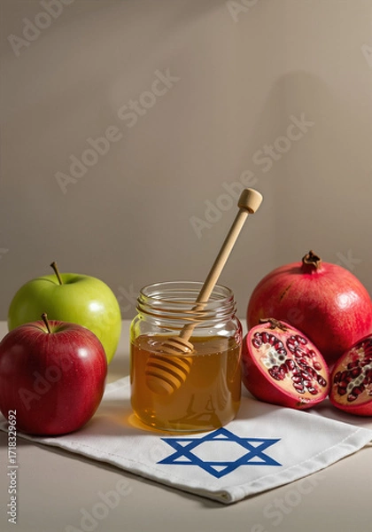 Fototapeta Jar of honey with apples and pomegranates on Star of David cloth for Hanukkah  