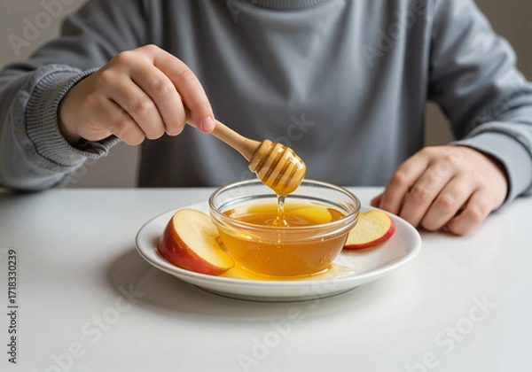 Fototapeta Child dipping honey stick into bowl of honey with apple slices on Hanukkah