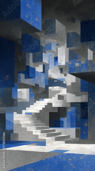 Obraz Neural network, staircase, geometric illustration, blue
