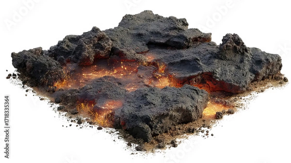 Fototapeta PNG of A dramatic volcanic landscape featuring glowing lava and dark, textured rocks, evoking a powerful natural force.