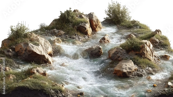 Fototapeta PNG of A serene stream flows over smooth rocks and lush greenery, creating a peaceful natural scene.