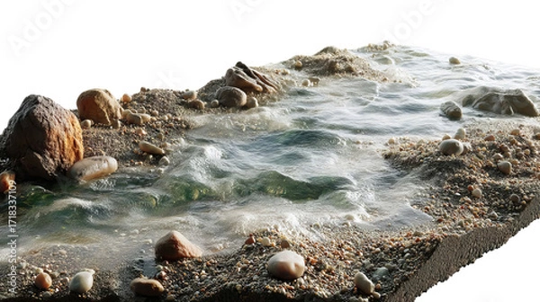 Fototapeta PNG of A serene water stream flowing over pebbles and shells, creating a tranquil and natural atmosphere.