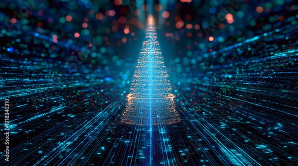 Fototapeta Digital Christmas Tree with Abstract Technology Background