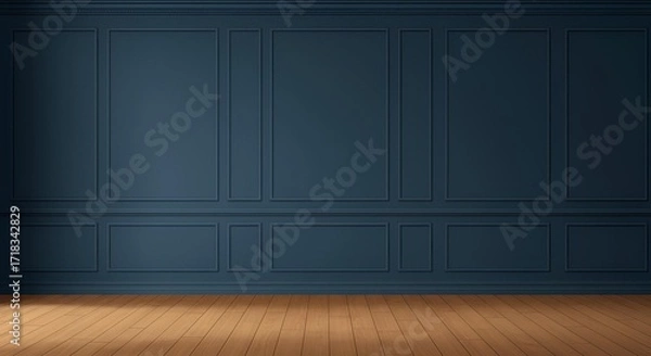Fototapeta "Elegant architectural interior with deep blue painted walls, classic panels and trims, detailed crown molding, and warm oak floor – realistic vector background"