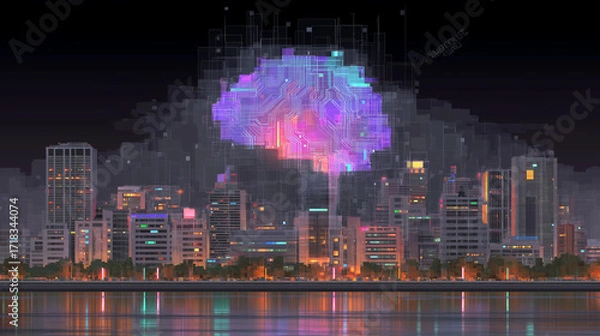 Obraz Neural network, geometric digital network, overlapping, black background, blue, neural brain, networking through ai, conceptual artwork
