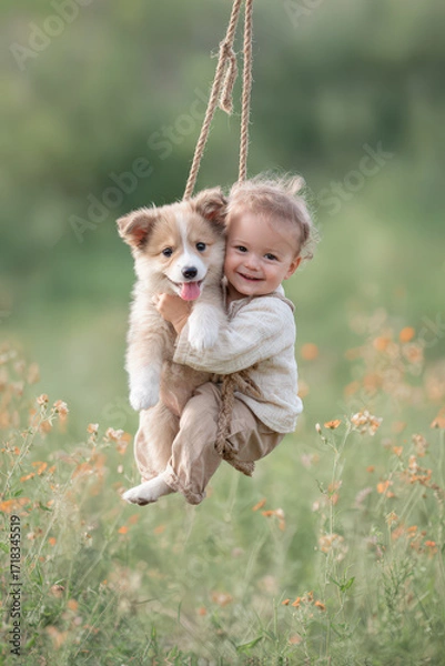 Fototapeta joyful child swings with playful puppy on sunny day their laughter filling air