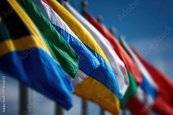 Fototapeta closeup view of flags fluttering in wind against clear sky creating visually striking scene