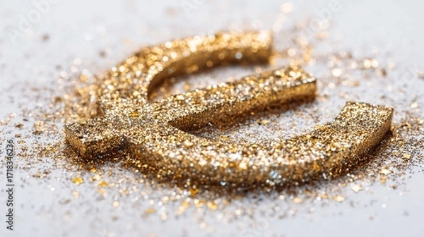 Fototapeta Golden horseshoe covered in glitter on a white surface.