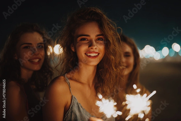 Fototapeta group of friends happily ignites sparklers in backyard of cozy home celebrating together
