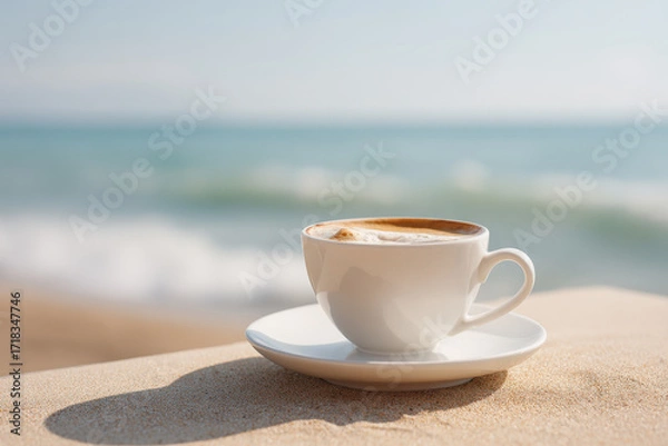 Fototapeta steaming cup of coffee sits gracefully on table against backdrop of sunny beach golden sand glistening under warm