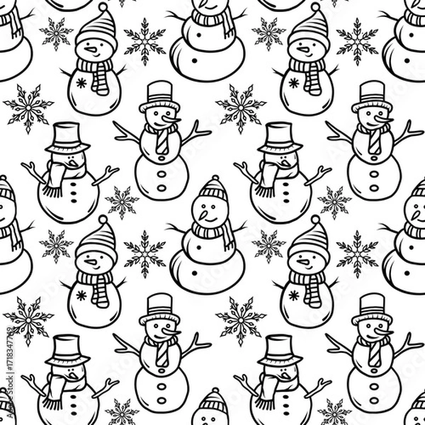 Fototapeta Snowmen on a white background, winter vector illustration. Festive seamless pattern. Useful for gift wrapping paper, fabric, clothing, textiles, surface textures, and scrapbooks.