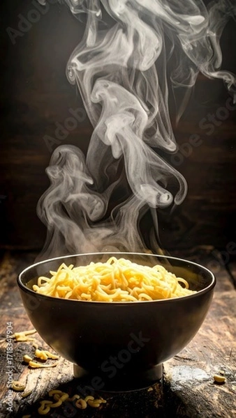 Obraz Hot steaming noodles in a dark bowl
