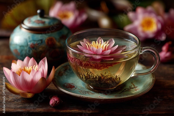 Fototapeta Glass cup of lotus tea filled with a pale yellow liquid, and within it floats a delicate, lotus flower.