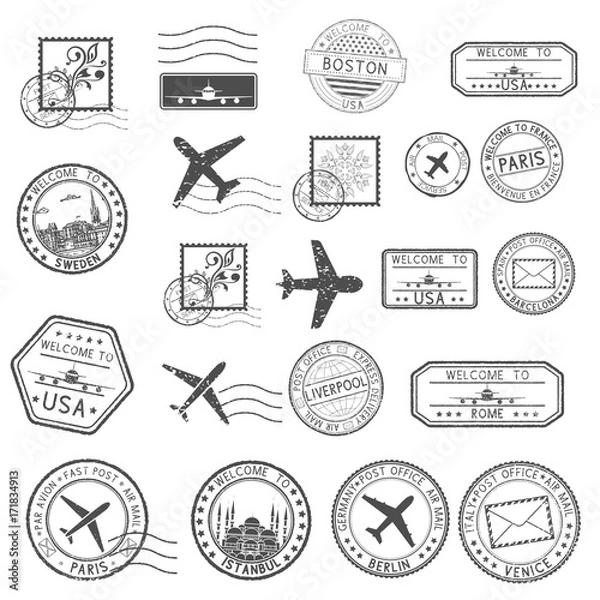 Obraz Post stamps. Set of black postmarks and travel Welcome stamps