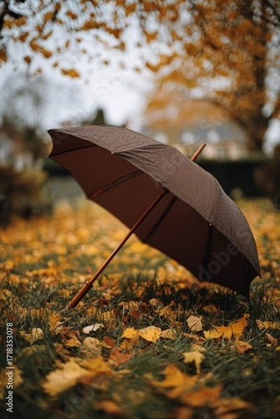 Fototapeta Open brown umbrella on autumn lawn with fallen leaves, moody fall day