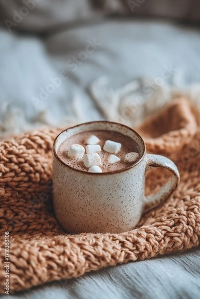 Fototapeta Hot chocolate with marshmallows in ceramic mug on knitted blanket, cozy autumn close up