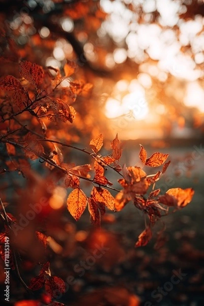 Fototapeta Backlit autumn leaves on tree branch at golden hour, soft bokeh close up
