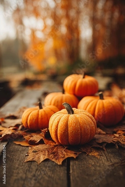 Fototapeta Mini pumpkins on rustic wooden table with autumn leaves in soft morning light