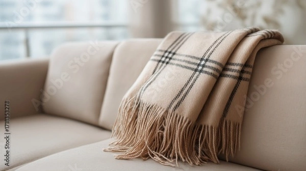 Fototapeta Beige plaid wool throw with fringe on cozy sofa in soft light living room