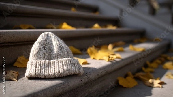Fototapeta Knitted beanie on stone steps with autumn leaves in sunlight