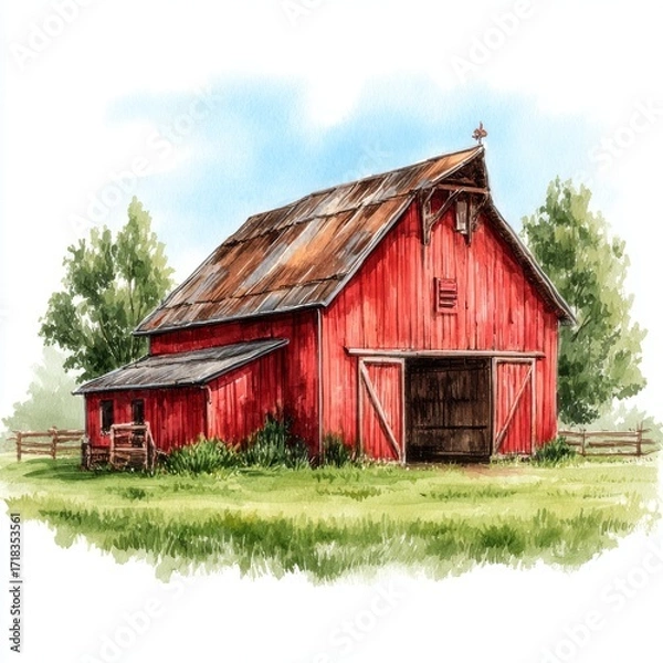 Obraz In a watercolor painting, a rustic red barn with a white door and windows is shown, highlighting the charm of a farm building with a unique roof and cupola