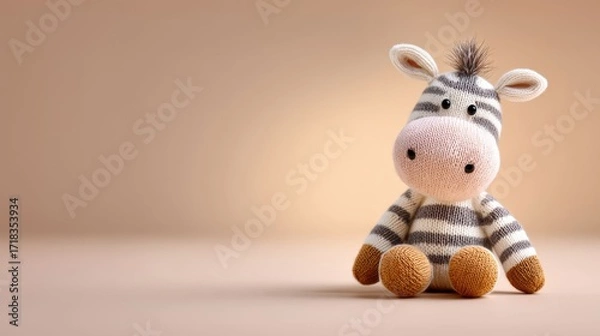 Fototapeta Soft striped zebra toy sitting on neutral background  