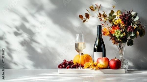 Fototapeta Wine bottle with glass, fruits, and flowers on a table setting  