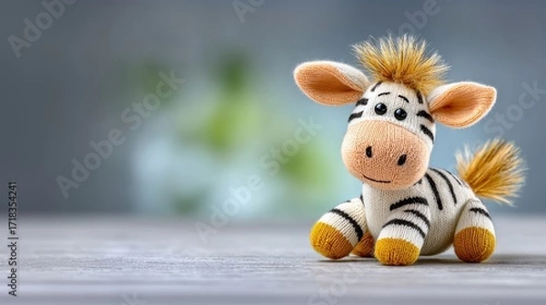 Fototapeta Cute zebra plush toy sitting on a wooden table with blurred background  