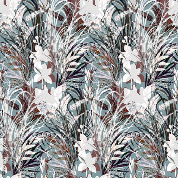 Fototapeta Botanical seamless pattern with graceful flowers and orchid sulhouettes for textiles (1)