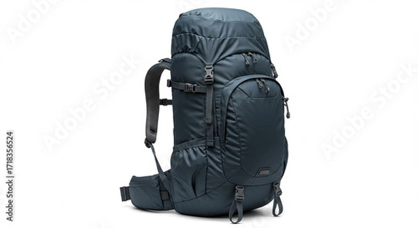 Fototapeta High-Quality Studio Shot of a Durable Dark Blue Hiking Backpack, Ideal for Adventurous Travel and Outdoor Activities. This image showcases the backpack's robust construction, multiple compartments,...