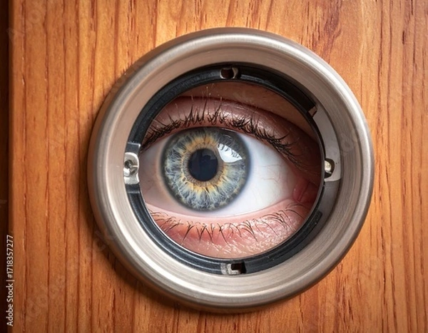 Obraz Human eye peering through a circular wooden door